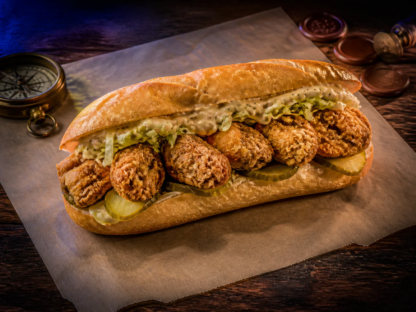 Golden fried oyster po'boy beside parchment and a brass compass